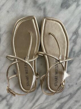 Stuart Weitzman Champagne Metallic Strappy Flat Sandals
